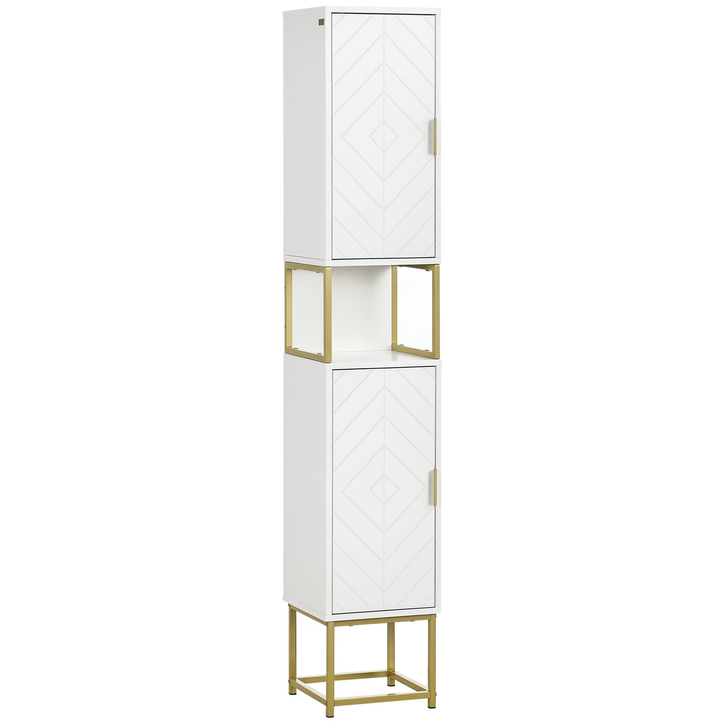 Tall Bathroom Storage Cabinet, Modern Narrow Bathroom Cabinet with Diamond Chevron Pattern and Adjustable Shelf, White