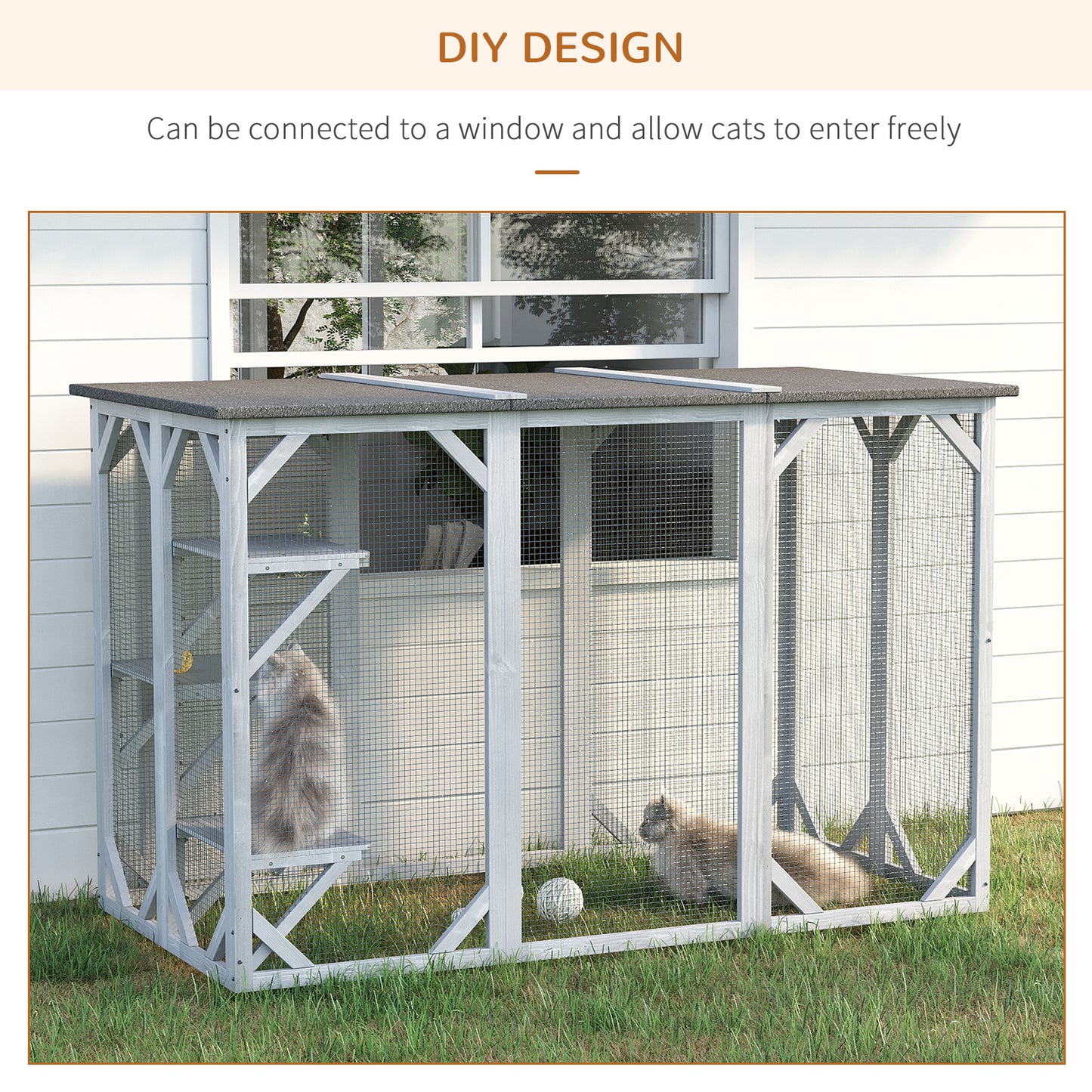 44.1" H Cat Cage, Indoor Outdoor Wooden Enclosure Pet House, Small Animal Cage Hutch, Suitable for Rabbit, Dogs, Kitten, Crate Kennel with Waterproof Roof, Multi-Level Platforms, Lock, Grey