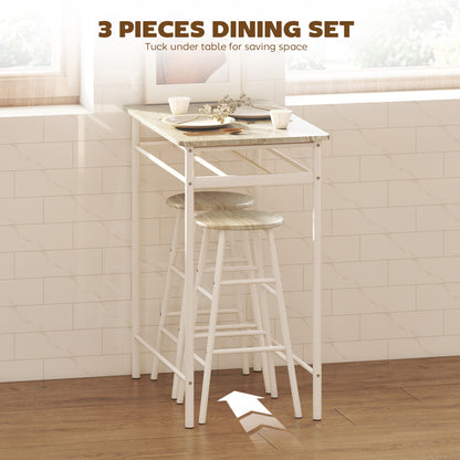 3 Piece Counter Height Bar Table Set with 1 Table, 2 Matching Stools, Dining Table Set with Storage Shelf and Metal Frame Footrest, White and Oak