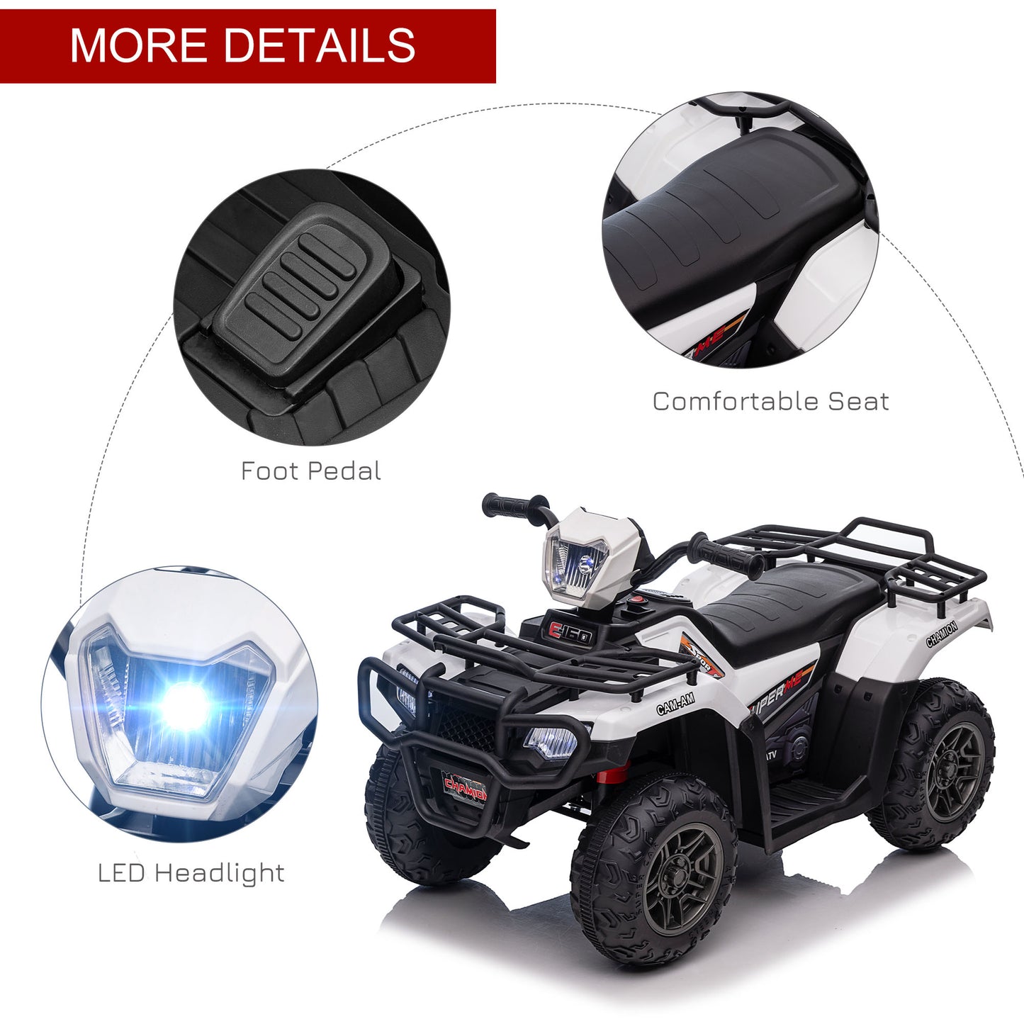 Aosom 12V Kids ATV Quad, 4 Wheeler Battery Powered Electric Vehicle with Music MP3, Headlights, High Low Speed, Treaded Tires, for Boys and Girls Ages 37-60 Months, White