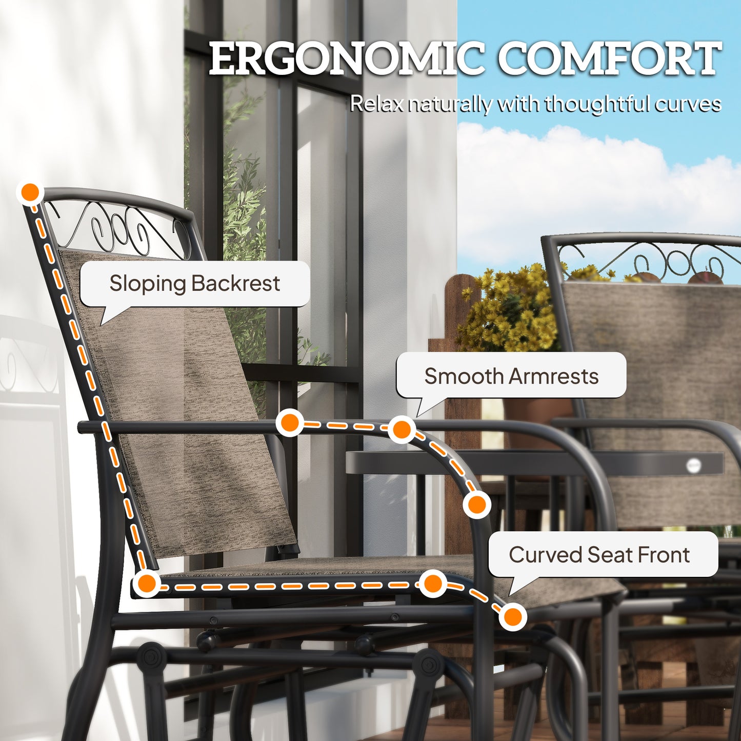 Outdoor Glider Bench with Coffee Table, Patio 2-Seat Rocking Chair Swing Loveseat with Breathable Sling for Backyard Garden Porch, Brown
