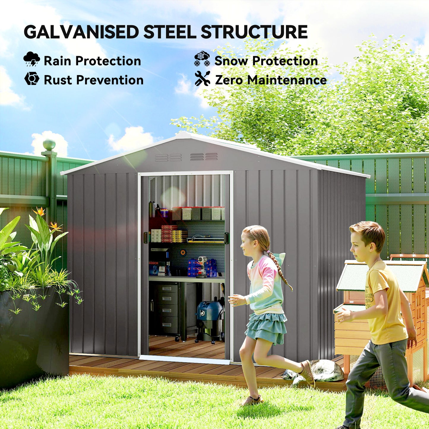 8' x 6' Outdoor Storage Shed, Metal Garden Tool Storage House with Lockable Sliding Doors and Vents, Light Grey