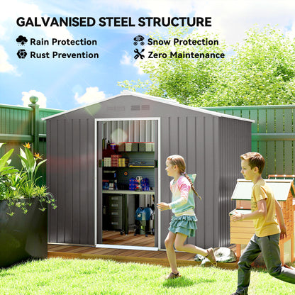 8' x 6' Outdoor Storage Shed, Metal Garden Tool Storage House with Lockable Sliding Doors and Vents, Light Grey