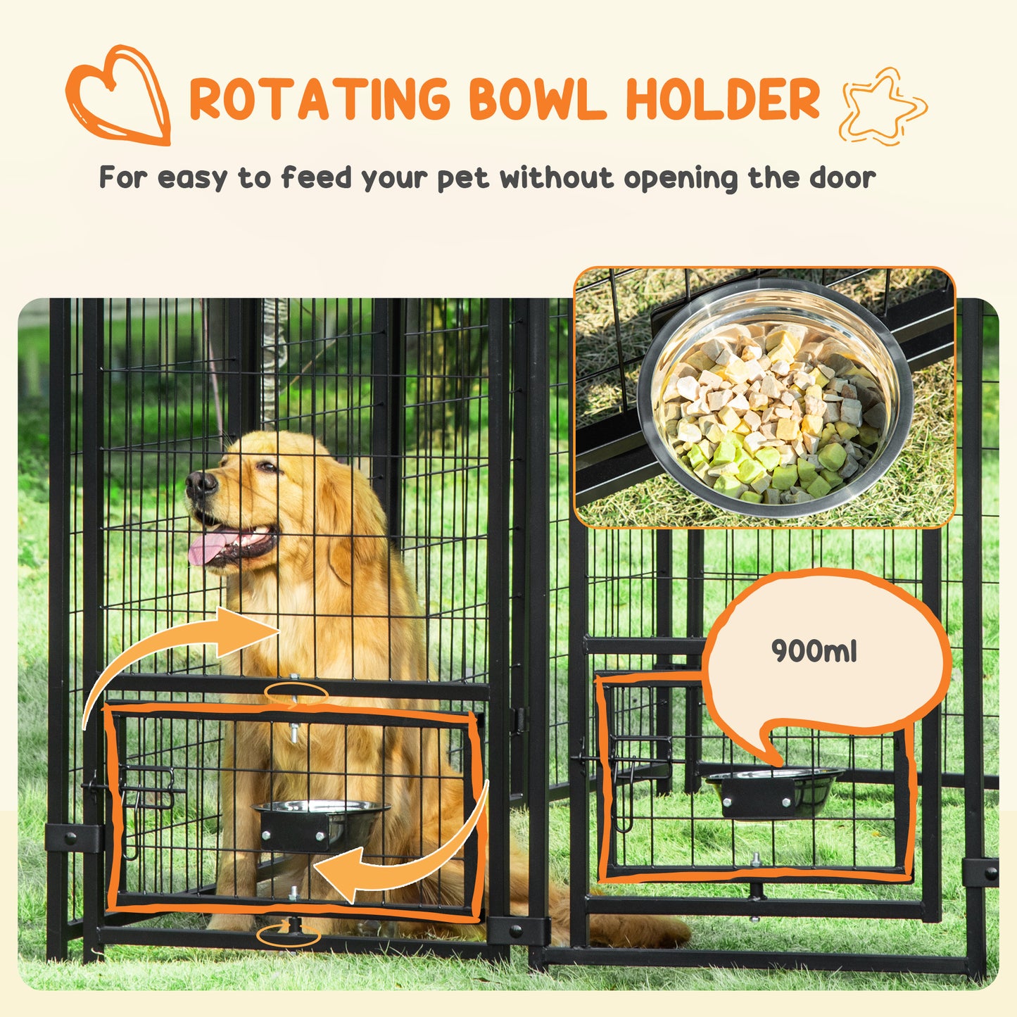 Outdoor Dog Kennel, Lockable Pet Playpen Crate, Welded Wire Steel Fence, Rotating Bowl Holders, Green
