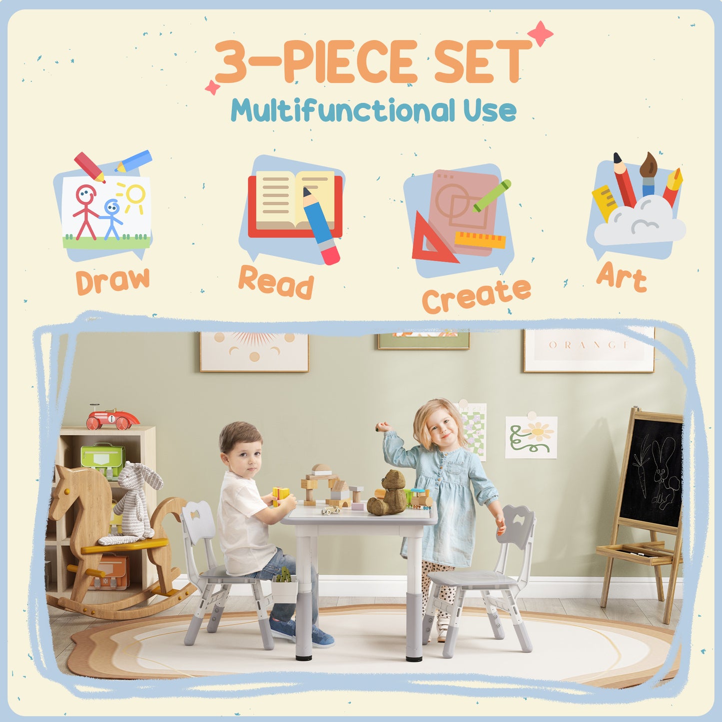 Qaba 3 Pieces Toddler Table and Chair Set, Height Adjustable Kids Table and Chair Set w/ Storage, for Playroom Grey