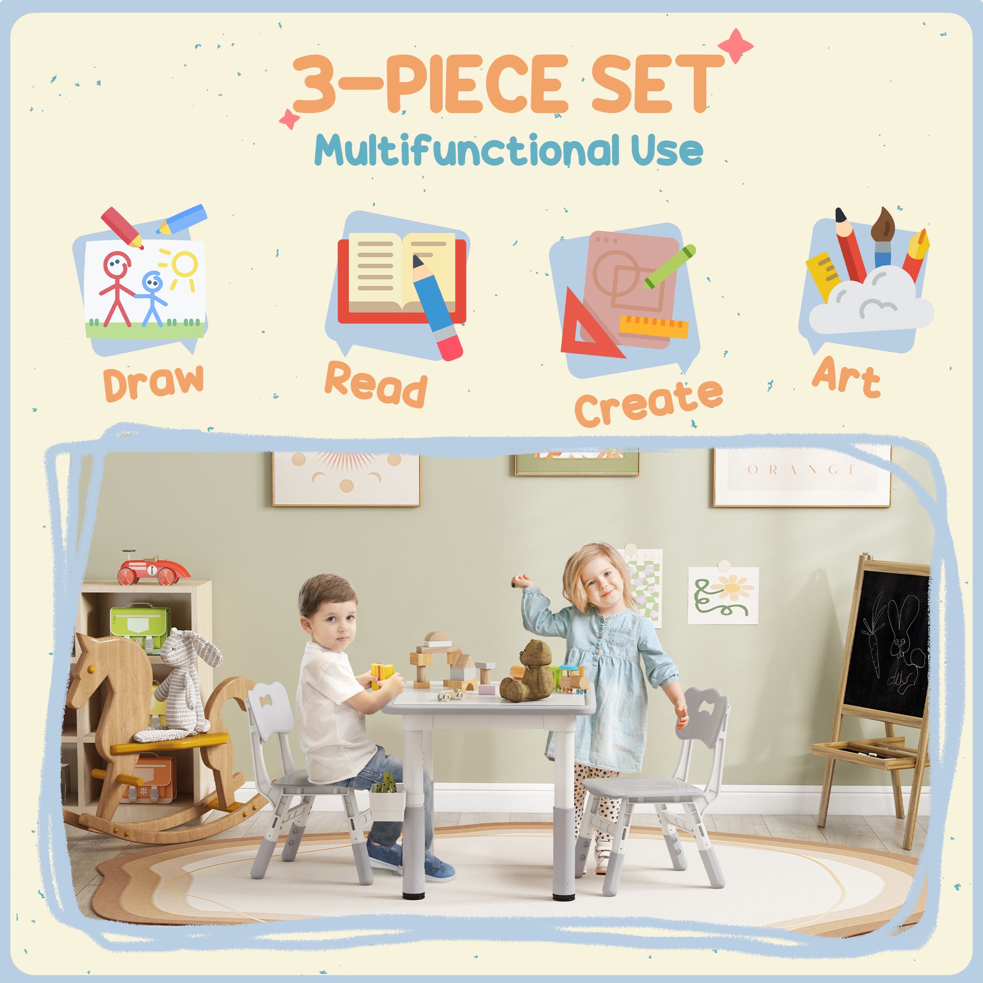 Qaba 3 Pieces Toddler Table and Chair Set, Height Adjustable Kids Table and Chair Set w/ Storage, for Playroom Grey