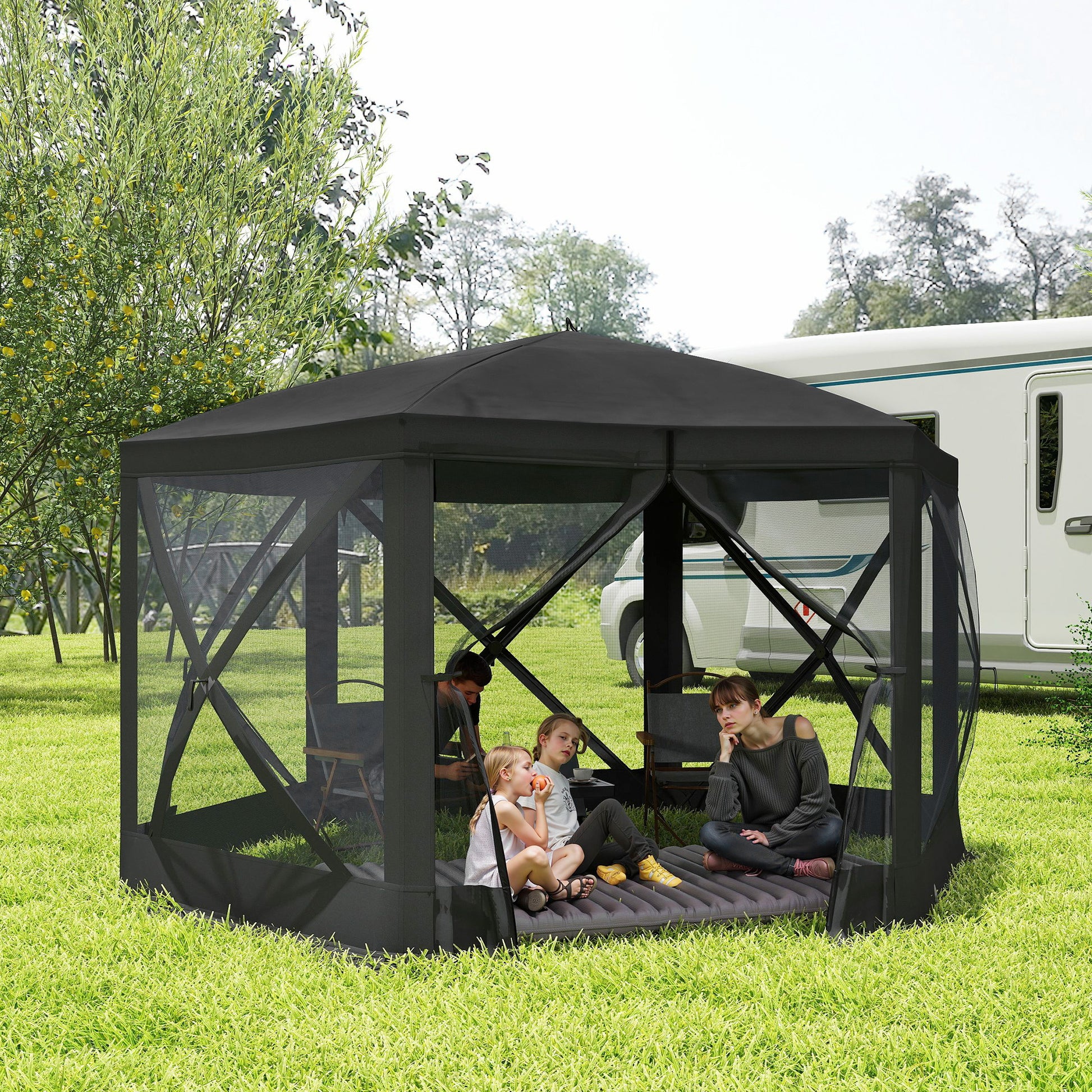 12' x 12' Hexagon Automatic Pop Up Screen Tents, Camping Shelter w/ Mesh Sidewalls and Carry Bag Black