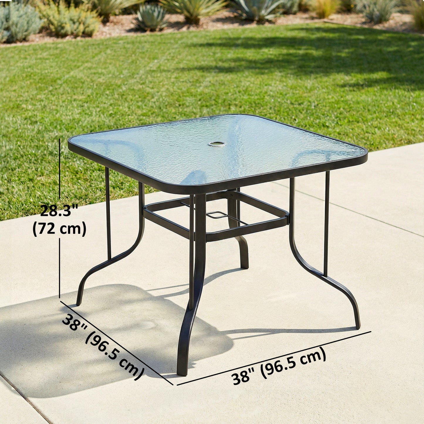 Tempered Glass Square Patio Dining Table w/ 2.1" Umbrella Hole for Garden, Balcony, Backyard, 38" x 38" x 28"