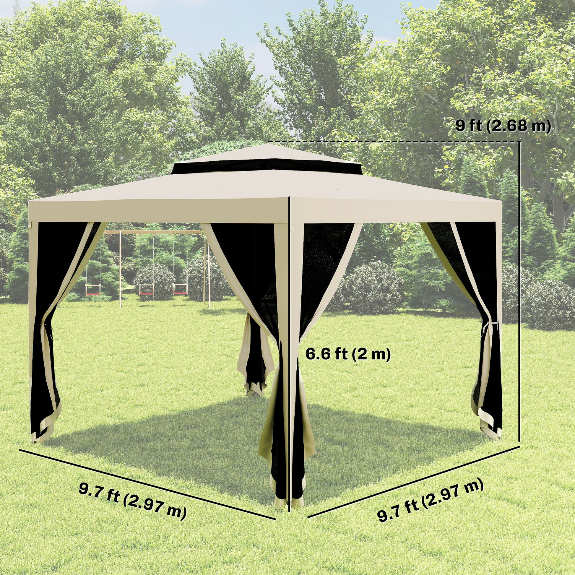 10' x 10' Outdoor Canopy Tent Party Tent with Mesh Netting and Double Tier Roof for Backyard, Garden, Patio, Beige