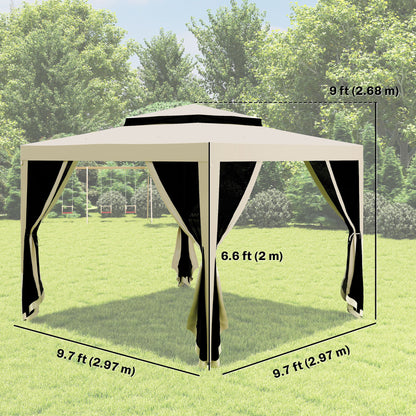 10' x 10' Outdoor Canopy Tent Party Tent with Mesh Netting and Double Tier Roof for Backyard, Garden, Patio, Beige