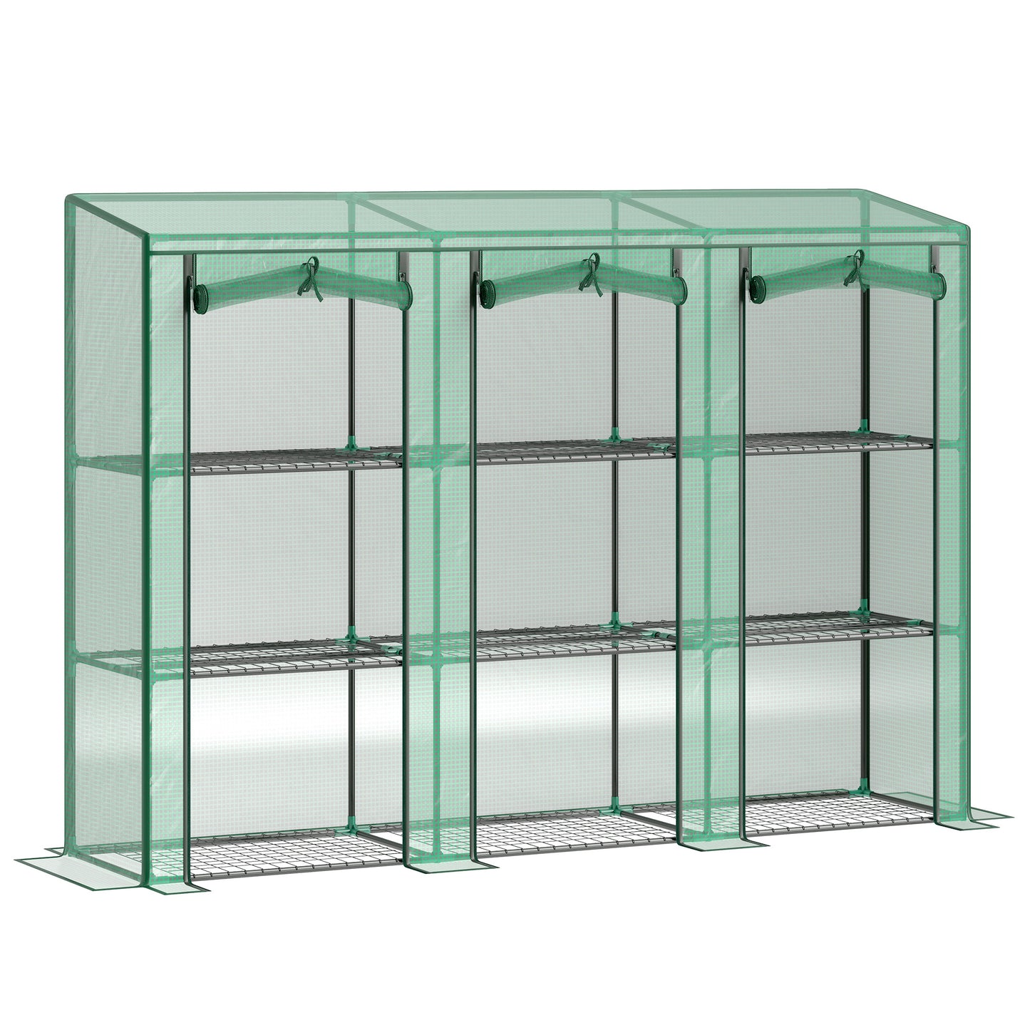 Lean-to Greenhouse with 3 Tier Shelves, Mini Greenhouse with 3 Roll-Up Doors for Indoor Outdoor, Green