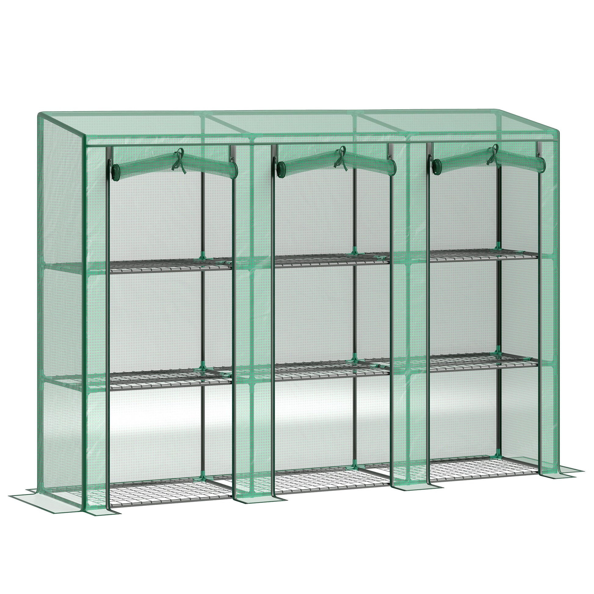 Lean-to Greenhouse with 3 Tier Shelves, Mini Greenhouse with 3 Roll-Up Doors for Indoor Outdoor, Green