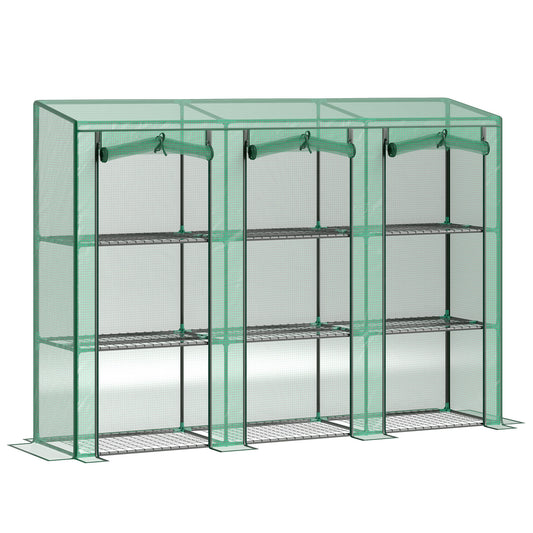 Lean-to Greenhouse with 3 Tier Shelves, Mini Greenhouse with 3 Roll-Up Doors for Indoor Outdoor, Green