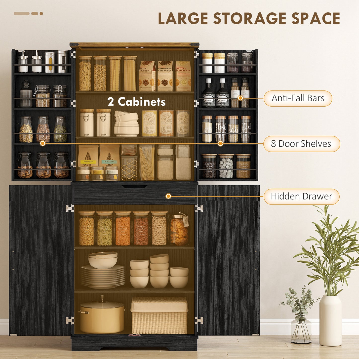 72" Kitchen Pantry Cabinet, Farmhouse Storage Cabinet with 4 Doors, Drawer, 8 Door Shelves and Adjustable Shelf, Black