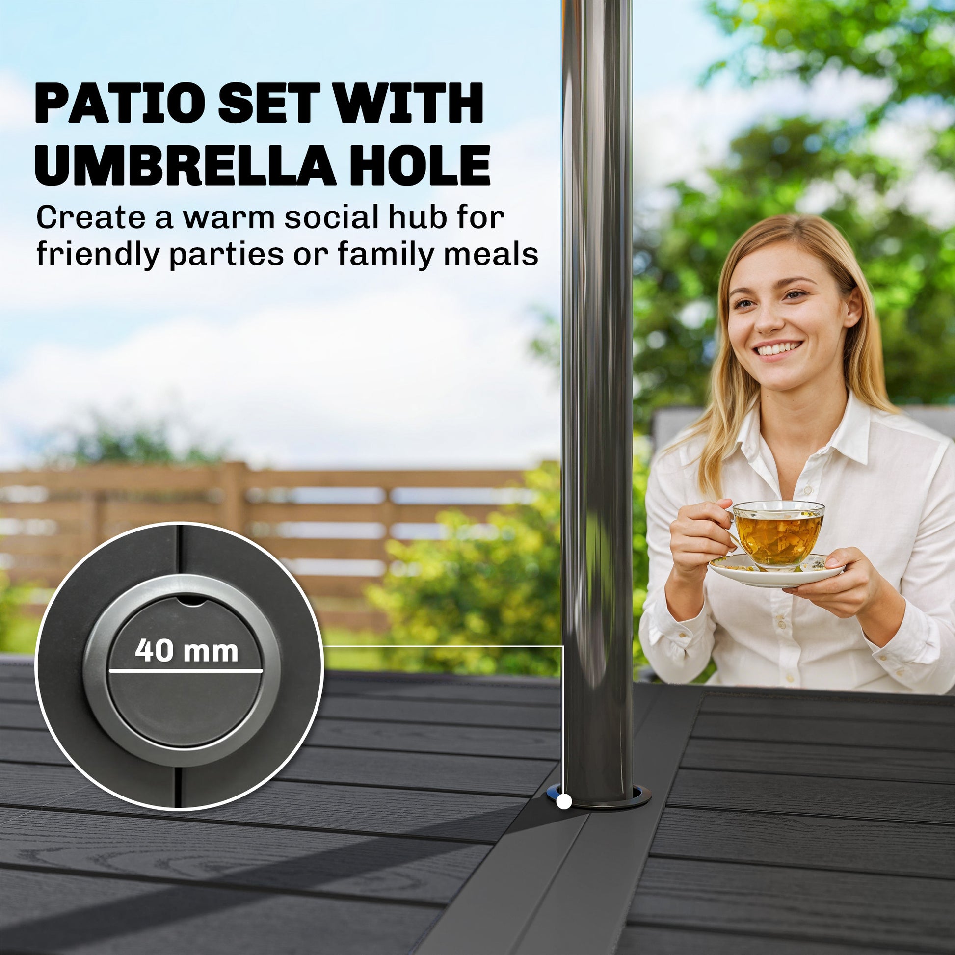 Outdoor Dining Set for 6, Faux Wood Metal Patio Table and Mesh Stackable Chairs with Umbrella Hole, Mixed Grey