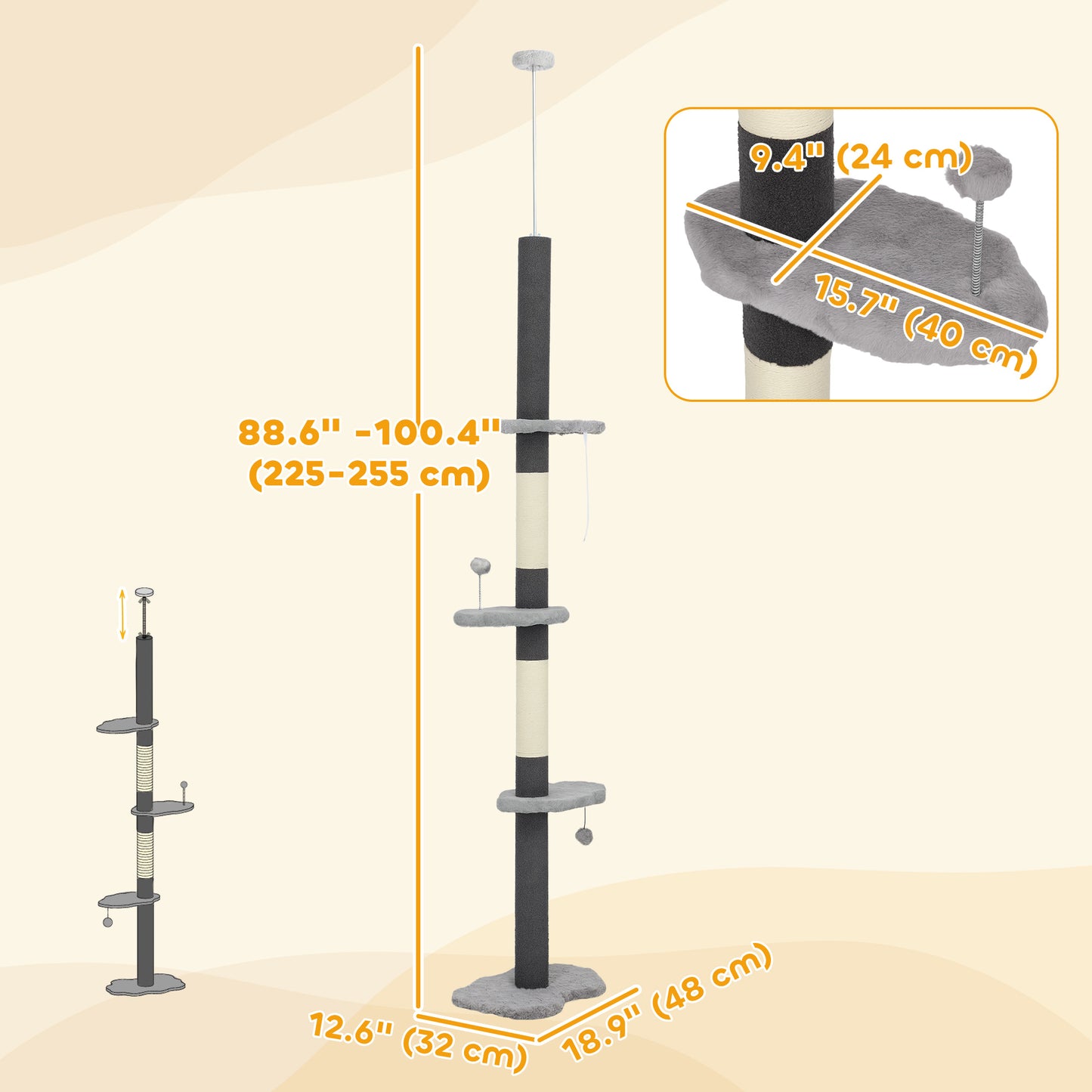 88.5"-100.5" Floor to Ceiling Cat Tree, Cat Tower with Scratching Posts, Cloud Shaped Platforms, Dangling Balls, Grey