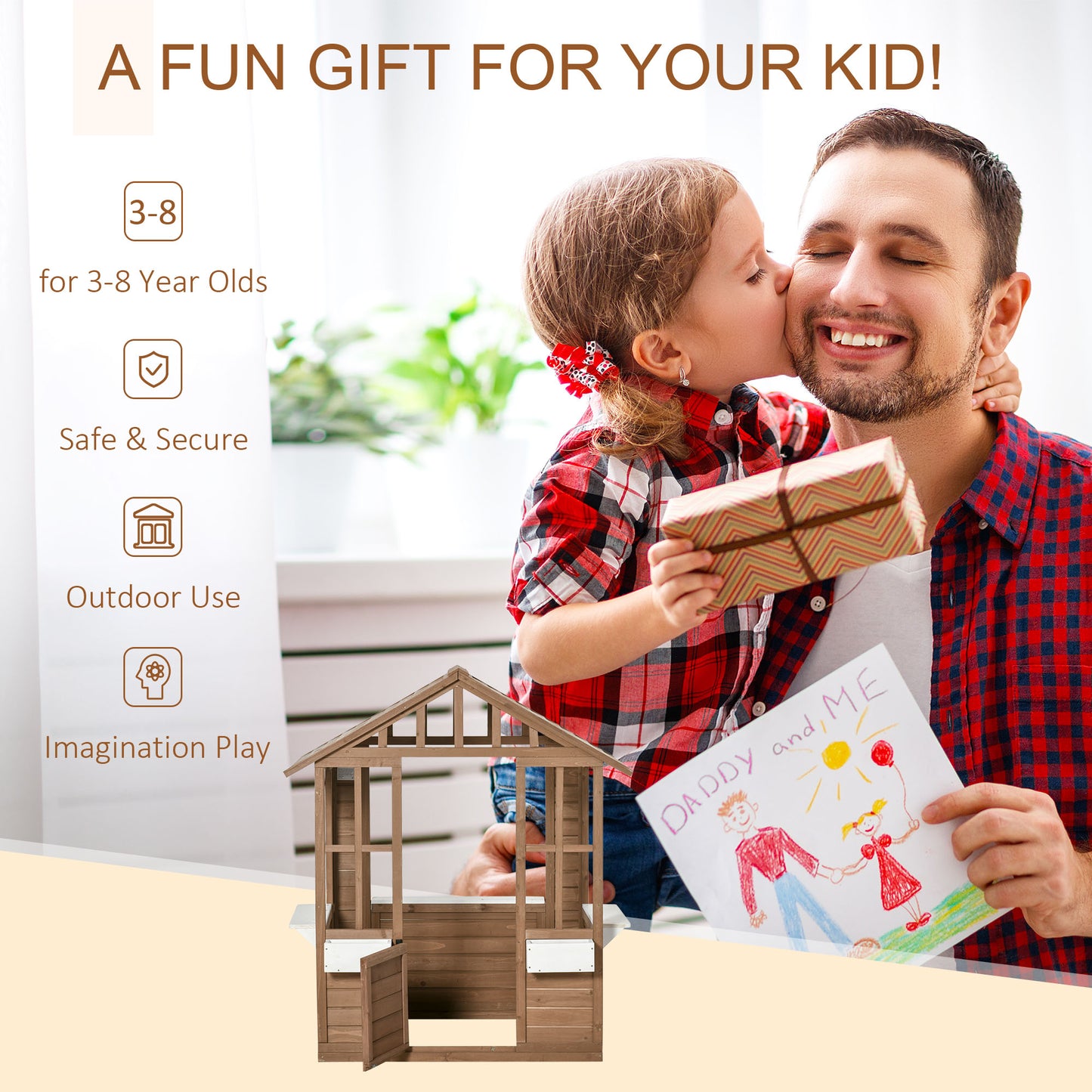 Kids Wooden Playhouse, Outdoor Garden Games Cottage with Flowers Pot Holder, Working Door, Windows, Brown