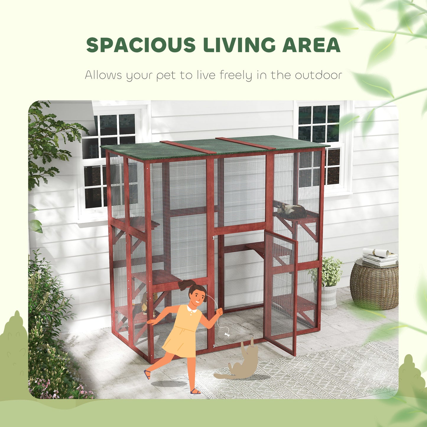 71" x 39" x 71" Cat Cage, Large Outdoor Wooden Cat Patio with 6 Balanced Platforms and Asphalt Roof, Wine Red
