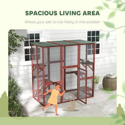 71" x 39" x 71" Cat Cage, Large Outdoor Wooden Cat Patio with 6 Balanced Platforms and Asphalt Roof, Wine Red