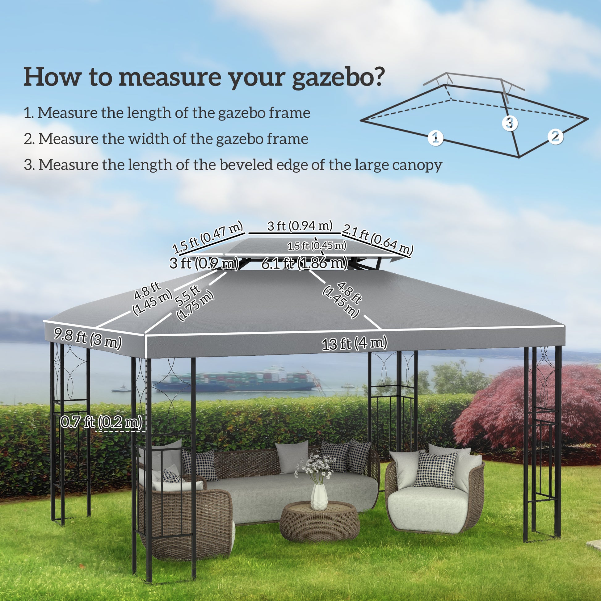 13' x 10' Gazebo Replacement Canopy 2 Tier Top UV Cover Pavilion Garden Patio Outdoor, Light Grey (TOP ONLY)