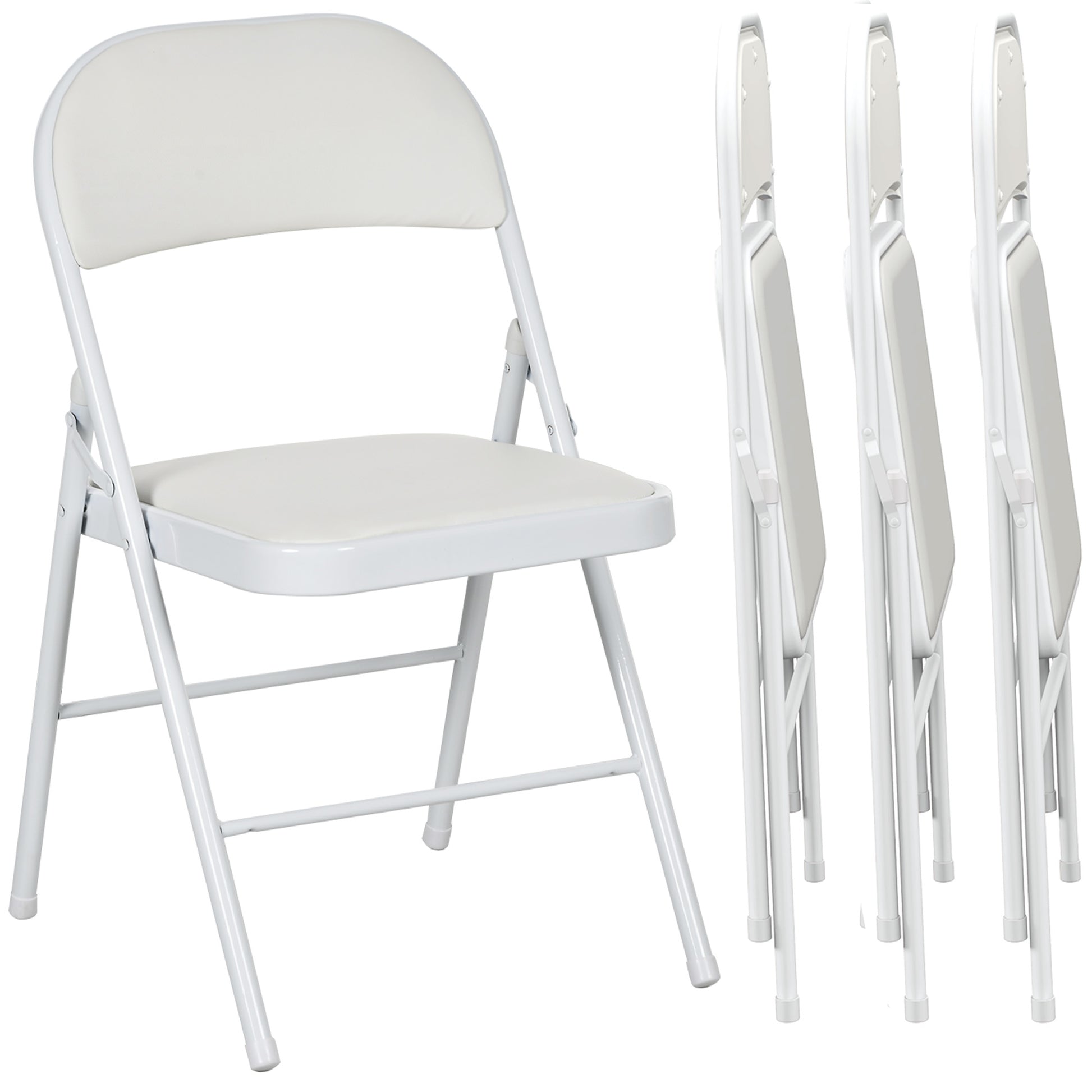 Set of 4 Metal Foldable Chairs, PU Leather Padded Folding Chairs with Cushion Seat and Open Back for Indoor, White