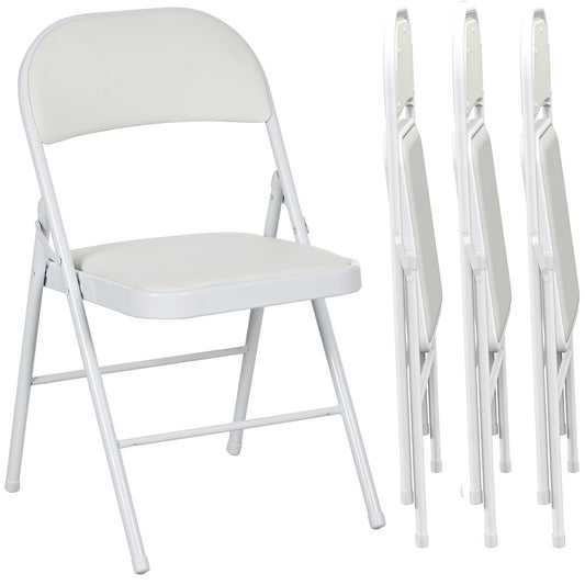 Set of 4 Metal Foldable Chairs, PU Leather Padded Folding Chairs with Cushion Seat and Open Back for Indoor, White