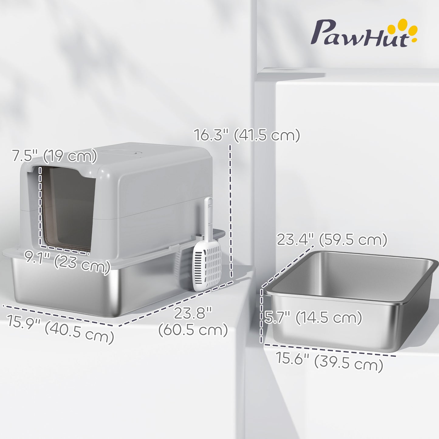 Stainless Steel Cat Litter Box w/ Removable Lid & Scoop, for Small to Large Cats, Easy to Clean, Grey