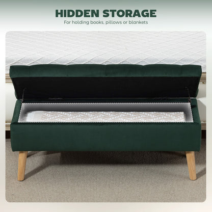 Storage Ottoman with Lid, Velvet Upholstered Storage Bench with Wood Legs for Living Room, Dark Green