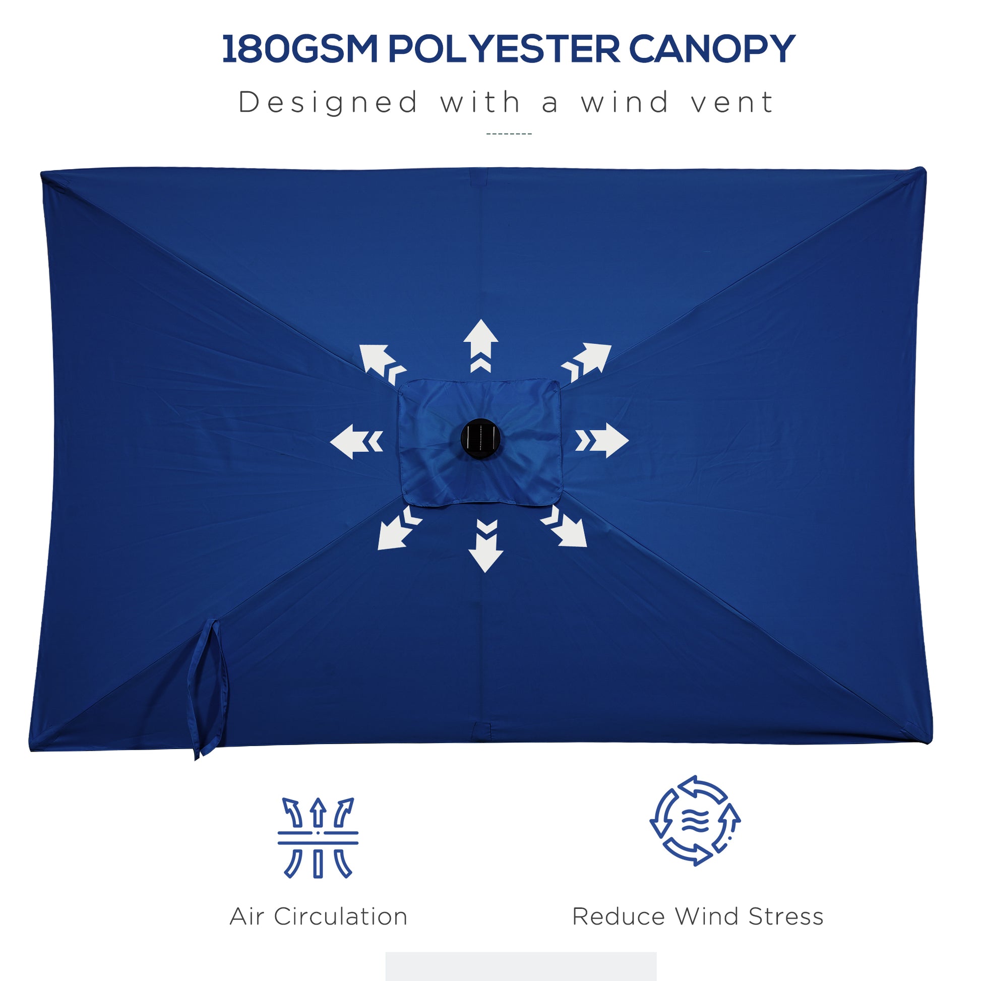 6' x 10' Patio Umbrella with 22 LED Solar Lights and Tilt, Rectangular Outdoor Table Umbrella with Crank, Dark Blue