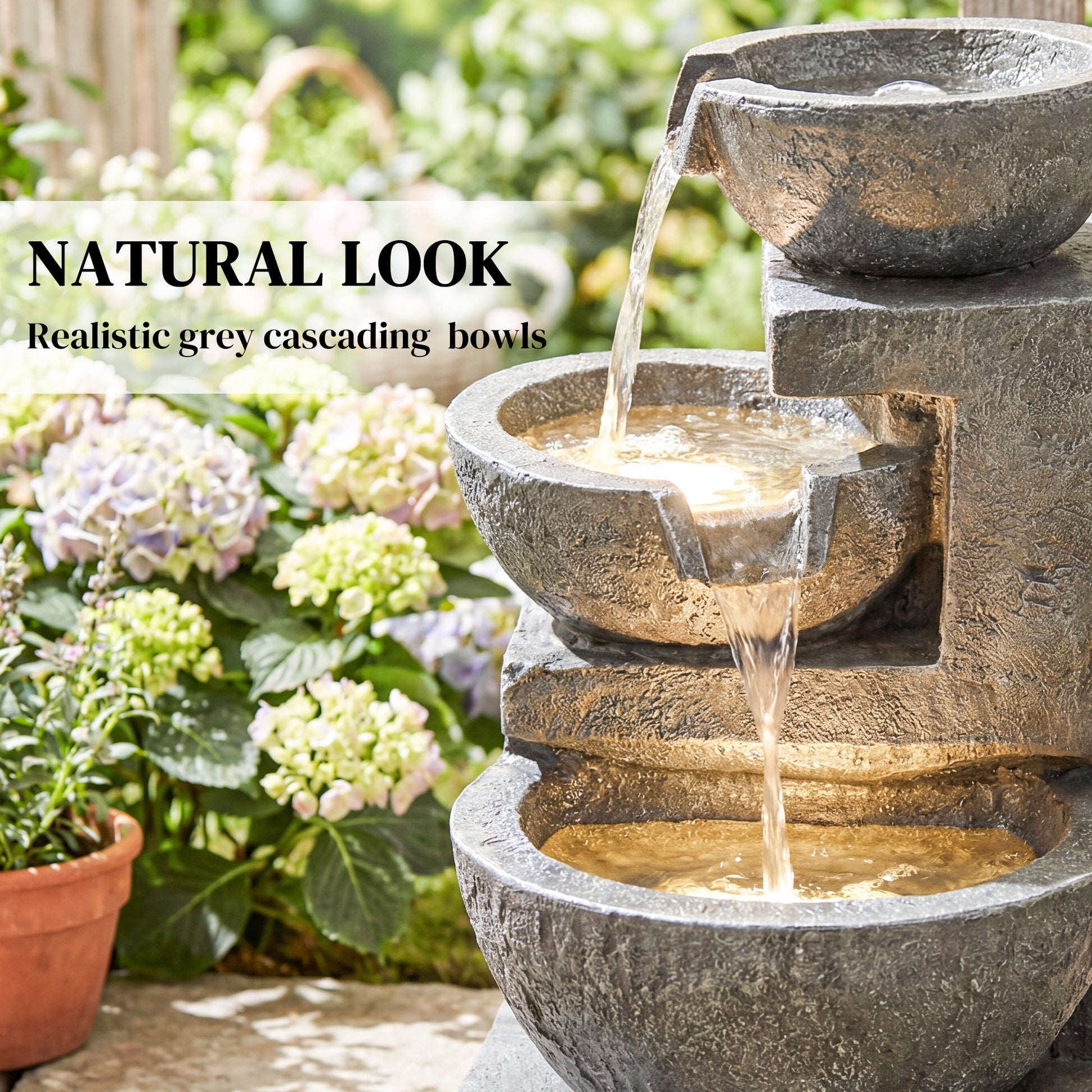 3-Tier Outdoor Water Fountain, Garden Waterfall Fountain with LED Lights and Pump, Indoor Freestanding Resin Waterfall