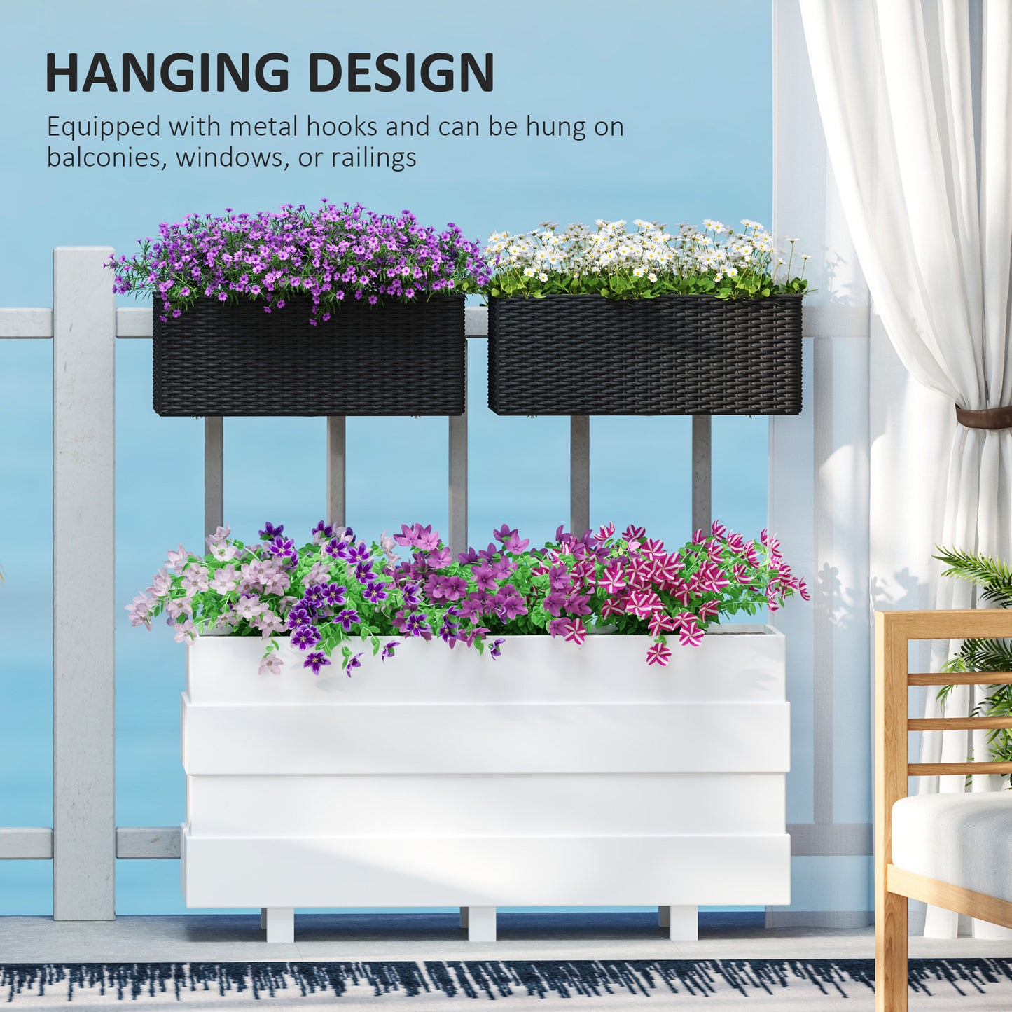 2 Pack 20 Inch Hanging Flower Pots, Railing Planter Box for Fence, Garden, Rattan Look, Black