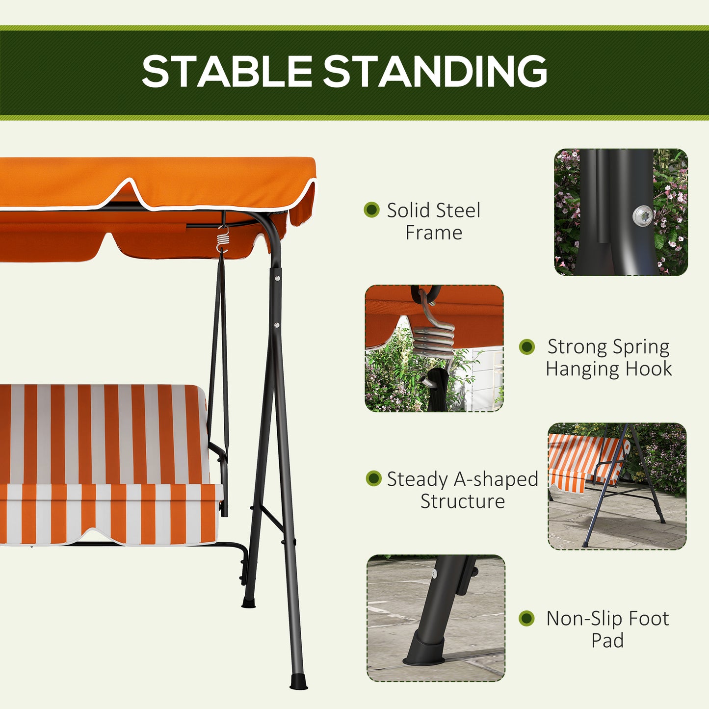 3-Seater Outdoor Porch Swing with Adjustable Canopy, Patio Swing Chair for Garden, Poolside, Backyard, Orange