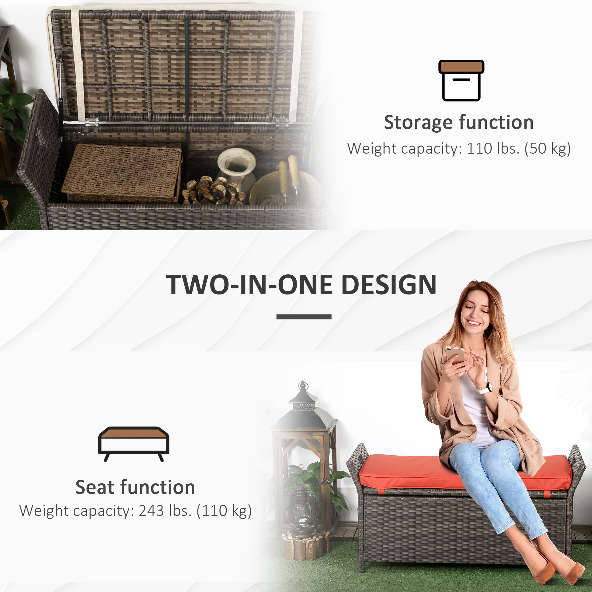 2-In-1 Outdoor PE Rattan Storage Bench, 29 Gallon Patio Wicker Furniture, Basket Box with Handles and Cushion Red