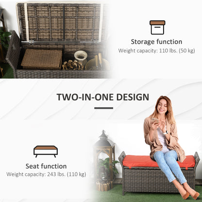 2-In-1 Outdoor PE Rattan Storage Bench, 29 Gallon Patio Wicker Furniture, Basket Box with Handles and Cushion Red