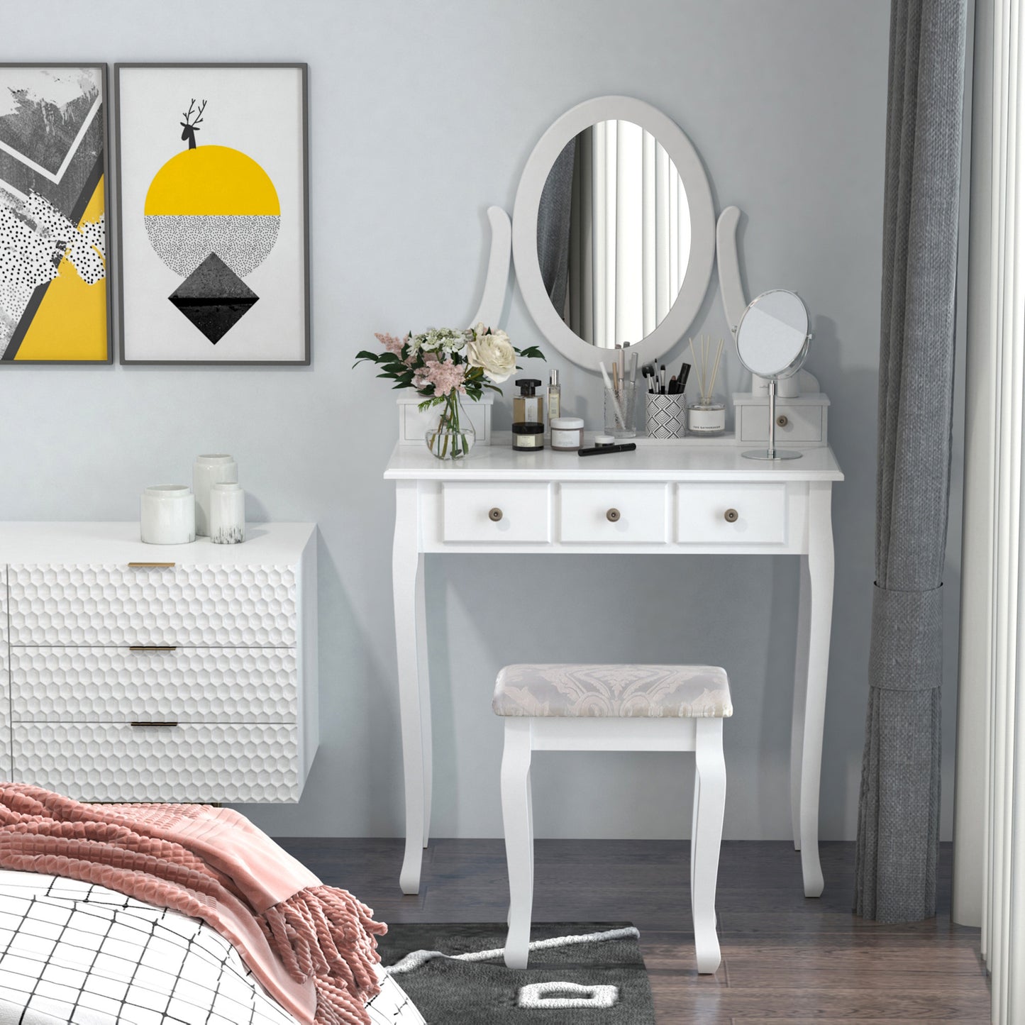 Wooden Vanity Table Set, Makeup Dressing Table with 360° Rotating, 5 Drawers and Padded Stool, White
