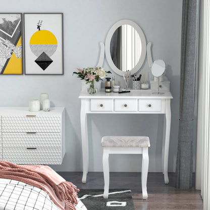 Wooden Vanity Table Set, Makeup Dressing Table with 360° Rotating, 5 Drawers and Padded Stool, White