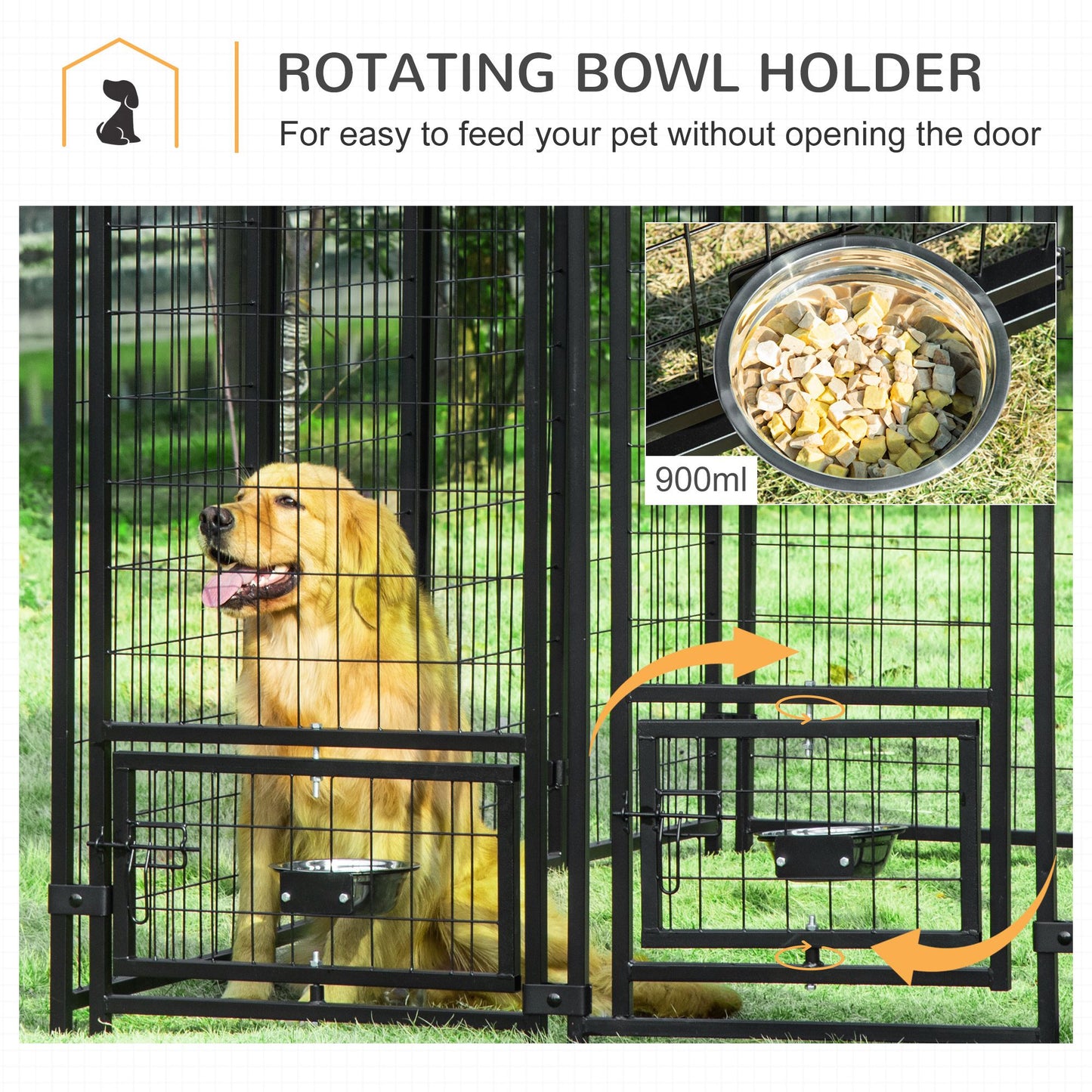 Outdoor Dog Kennel, Lockable Pet Playpen Crate, Welded Wire Steel Fence, Rotating Bowl Holders, Red
