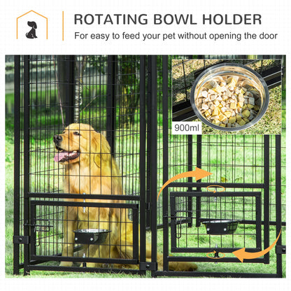 Outdoor Dog Kennel, Lockable Pet Playpen Crate, Welded Wire Steel Fence, Rotating Bowl Holders, Red