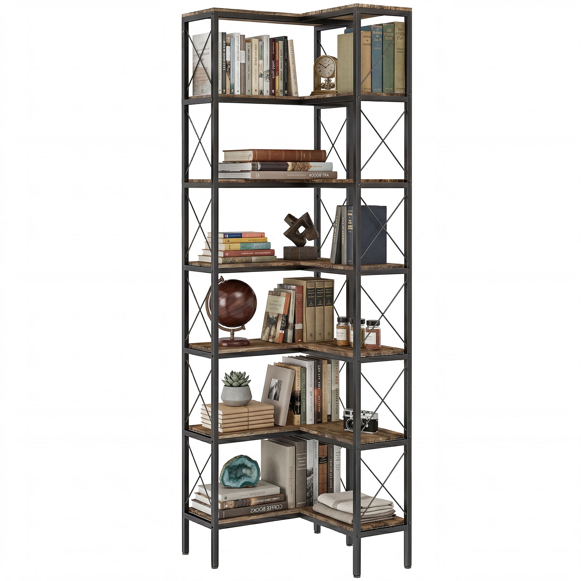 6-Tier L-Shaped Bookshelf, Freestanding Corner Bookcase with Metal Frame, Rustic Brown