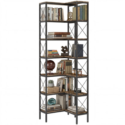 6-Tier L-Shaped Bookshelf, Freestanding Corner Bookcase with Metal Frame, Rustic Brown