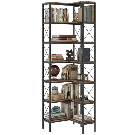 6-Tier L-Shaped Bookshelf, Freestanding Corner Bookcase with Metal Frame, Rustic Brown