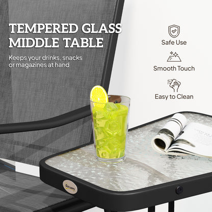 Double Patio Glider Chair with Glass Top Center Table, Outdoor Glider Loveseat with High Back, All Weather Breathable Mesh Fabric for Garden, Backyard, Deck, Black
