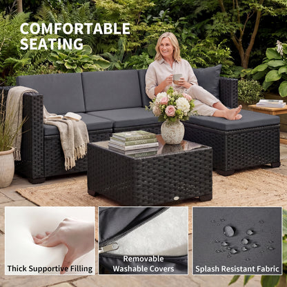5 Piece Patio Furniture Set, L-Shape Wicker Outdoor Sectional with 3 Chairs, Ottoman, Glass Table, Cushions, Grey