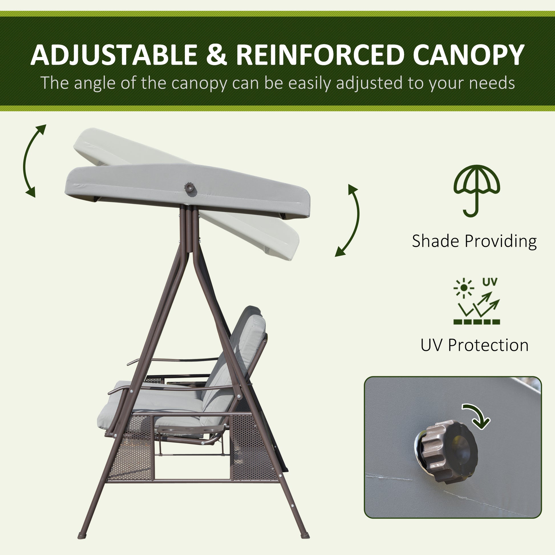 Outdoor Patio 3-Person Steel Canopy Cushioned Seat Bench Swing with Included Side Trays & Padded Comfort, Light Grey