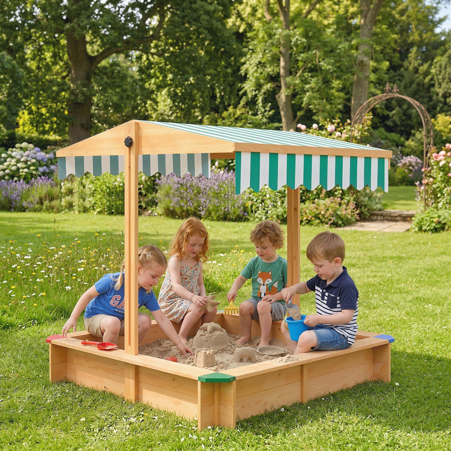 Wooden Sandbox with Cover, Kids Sandbox Outdoor with Adjustable Canopy and Seats for Backyard, Beach, Light Brown