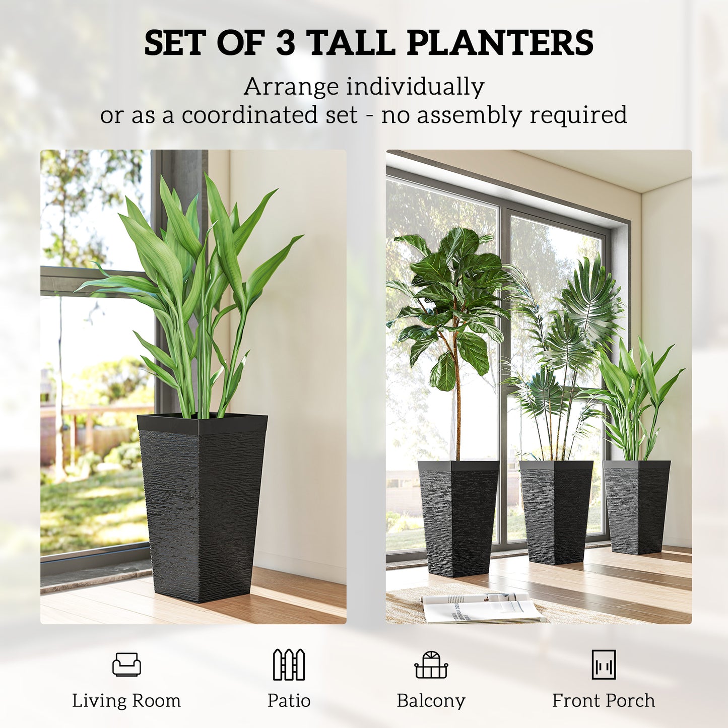 22.8" Tall Planters Set of 3, Indoor Outdoor Taper Planters with Stone Finish, Wheels and Drainage Hole, Black