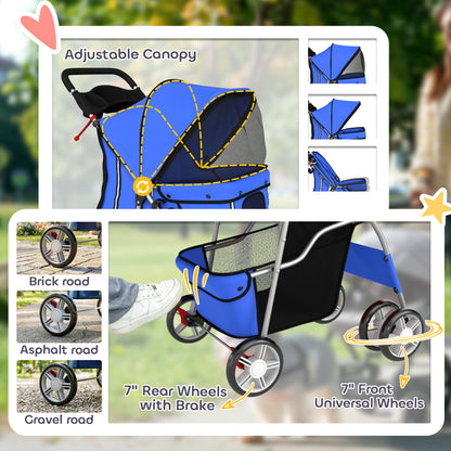 Pet Stroller with Reflective Strips, Foldable Cat Stroller with 360° Swivel Wheels for Small Dogs and Cats, Blue
