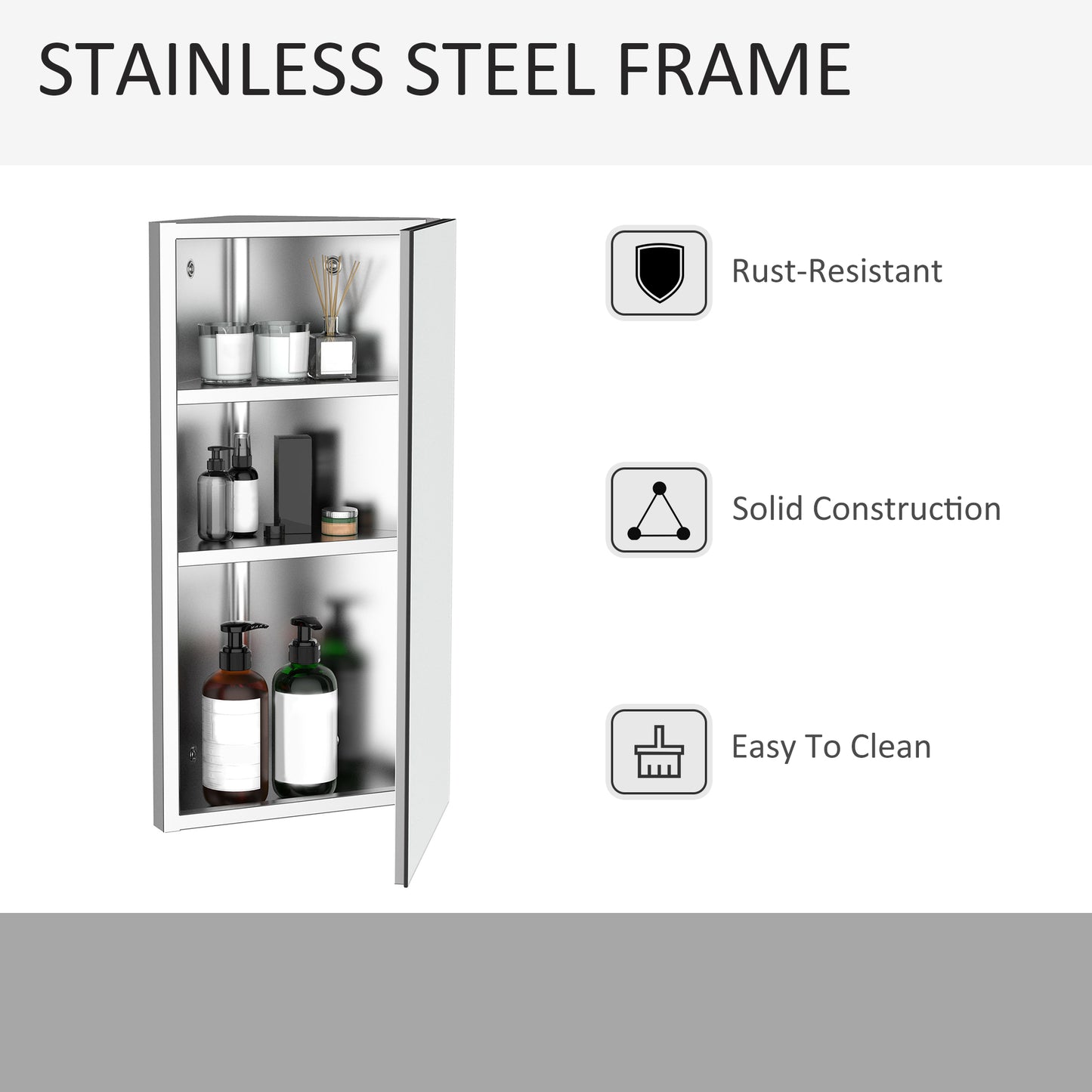 Wall mounted Bathroom Corner Mirror Storage Cabinet Stainless Steel with Single Door