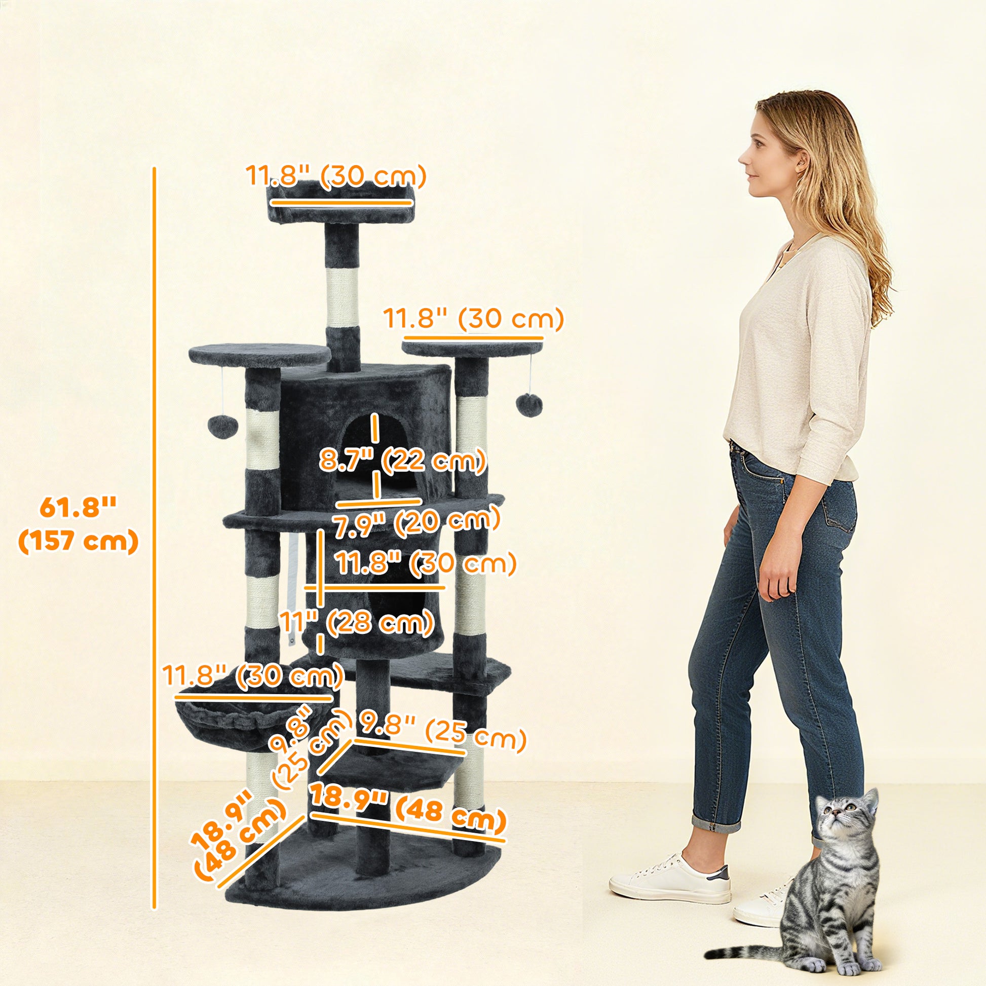 62" Cat Tree with Scratching Post, 2 Condos, Hammock, Perches, Plush, Pompoms, for Indoor Cats, Dark Grey