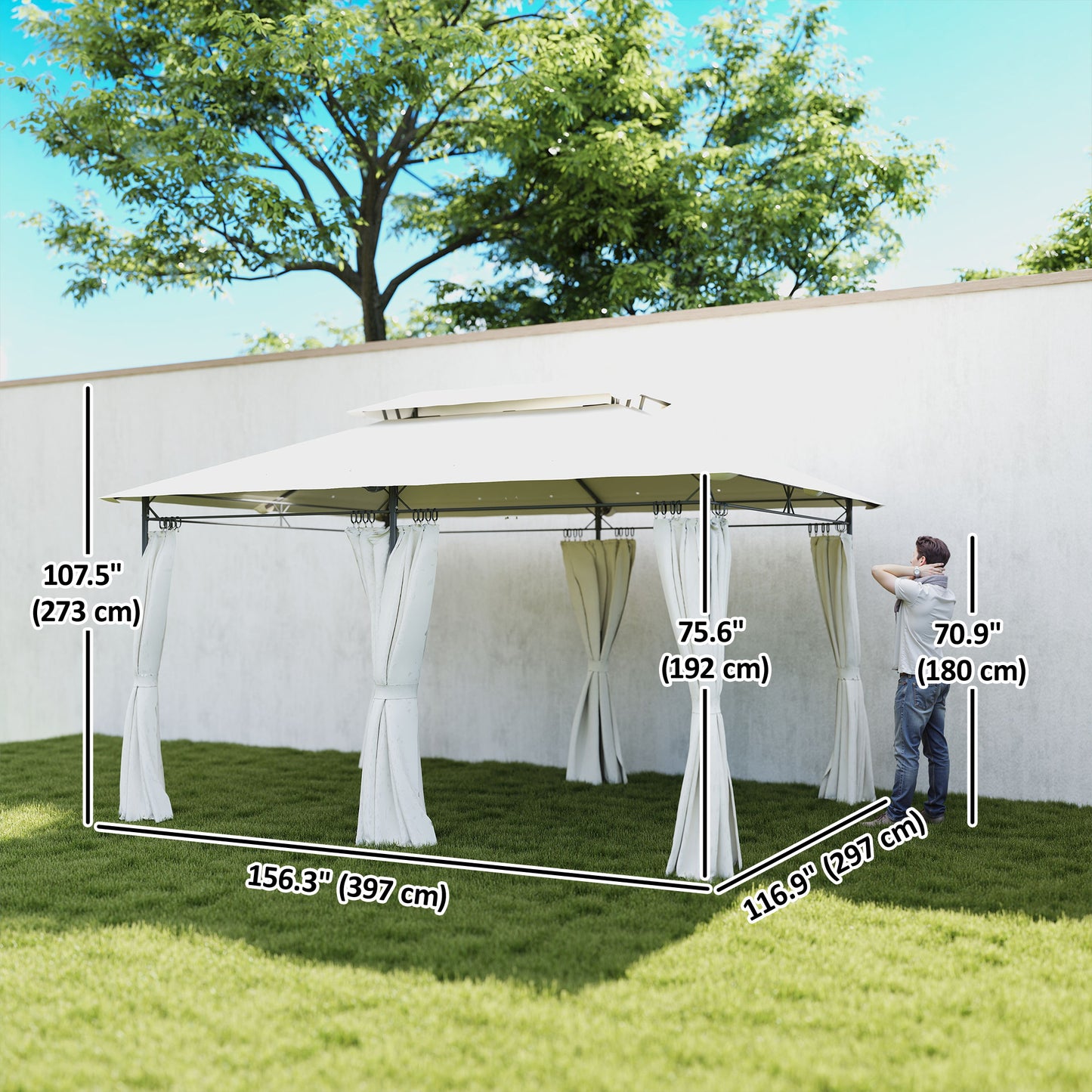 10' x 13' Double Roof Patio Gazebo, Outdoor Gazebo with Curtains, for Garden, Lawn, Backyard and Deck, Cream White